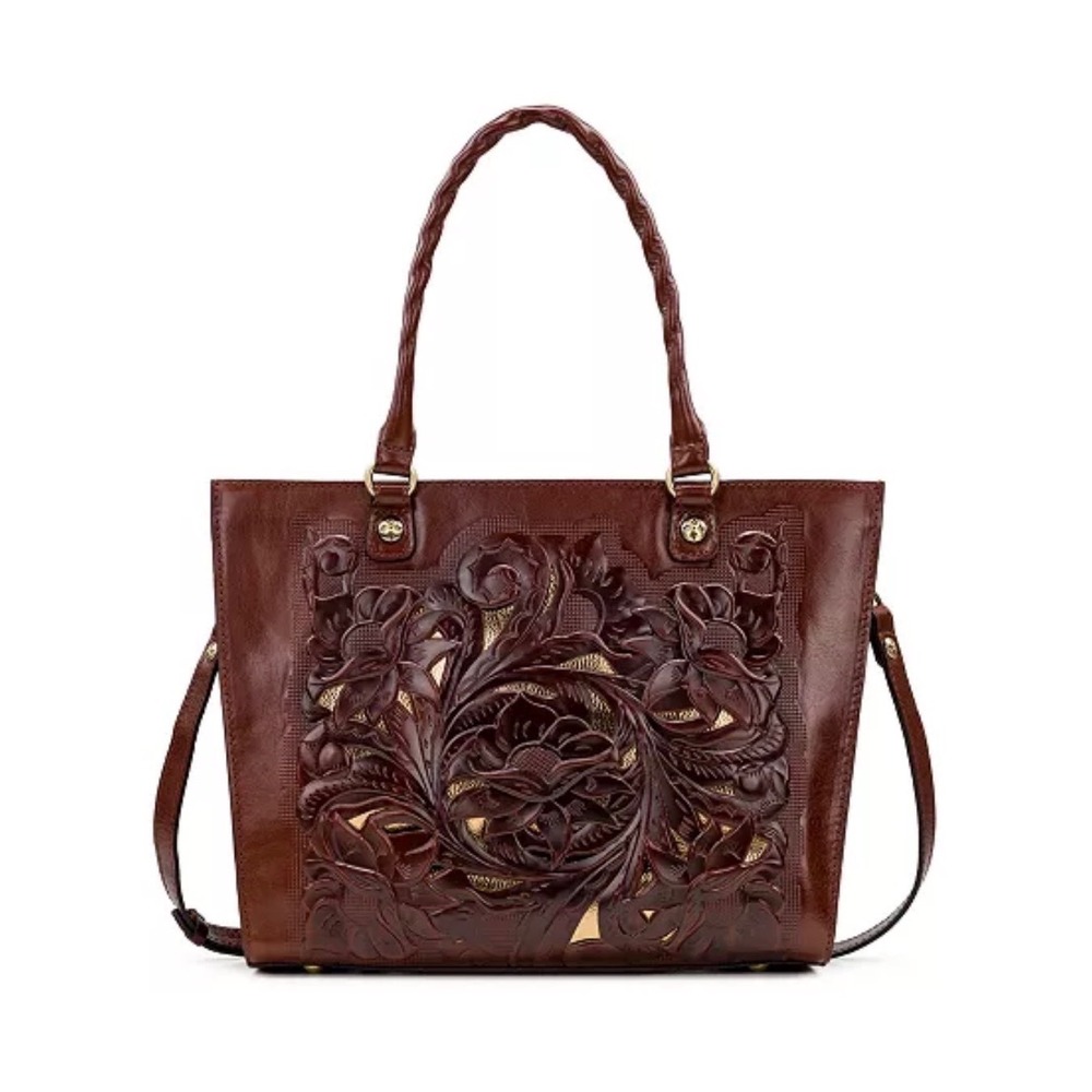Patricia Nash Zancona Tote Bag Mahogany Brown Tooled Leather‎ Floral Crossbody